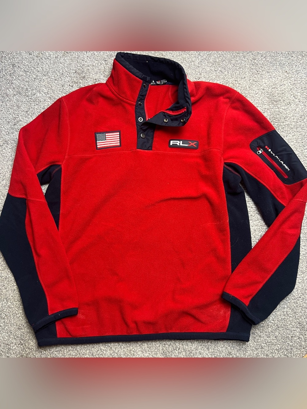 RLX Ralph Lauren Sweatshirt Mens Large Red Fleece Flag 1/4 Snap Pullover Jacket